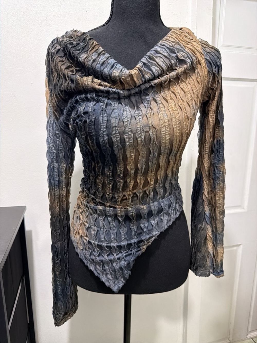 Women’s Distressed Knit Cowl Neck Sweater in Blue and Brown